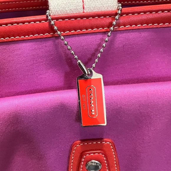 Coach Hamptons Pink Canvas & Orange-Red Leather Tote Bag - Picture 2 of 16